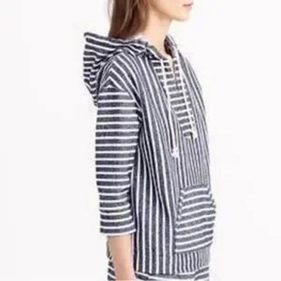 J Crew Baja Striped 3/4 Sleeve Hoodie Blue White Small - Picture 11 of 11